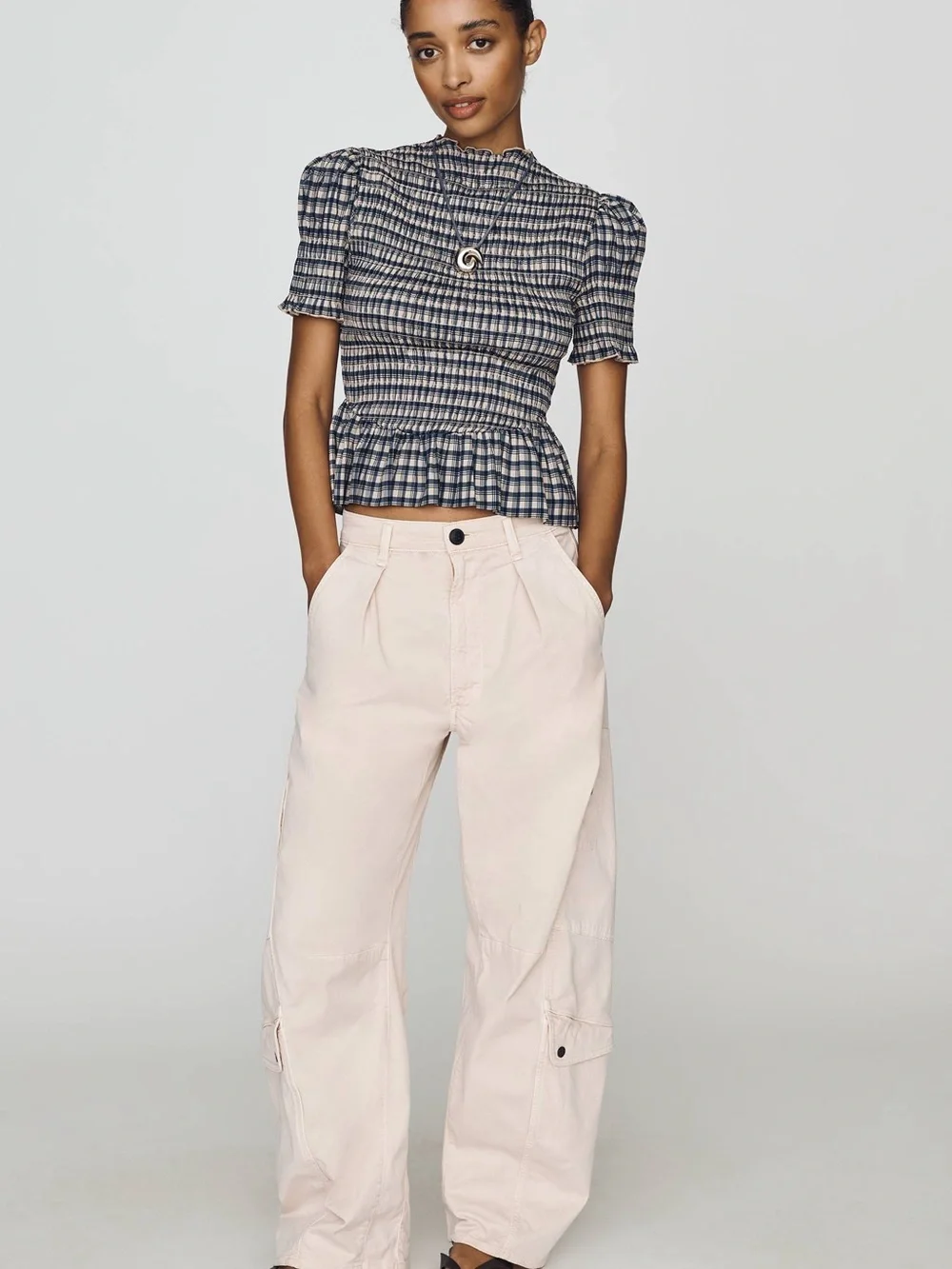 Reformation Navy and White Smocked Plaid Peplum Top